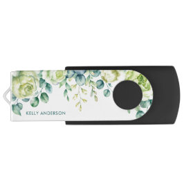 Pen Drive Borda floral em aquarela de eucalipto com rosas