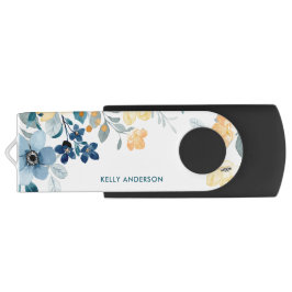 Pen Drive Monograma Elegante Amarelo e Azul Floral Aquarela
