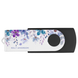 Pen Drive Monograma Elegante Floral em Aquarela Roxo e Azul