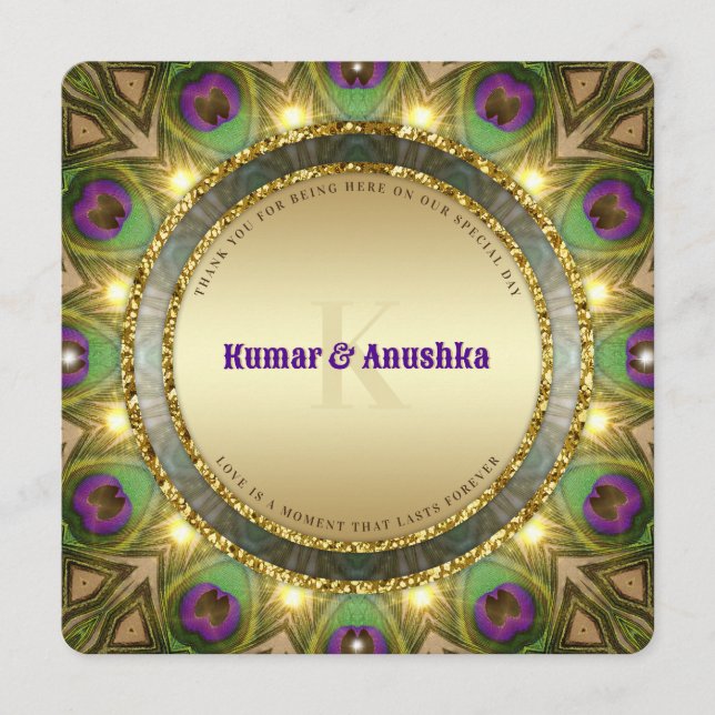 Pena de Pavão Brilho Dourado Convite de Casamento  (Frente)