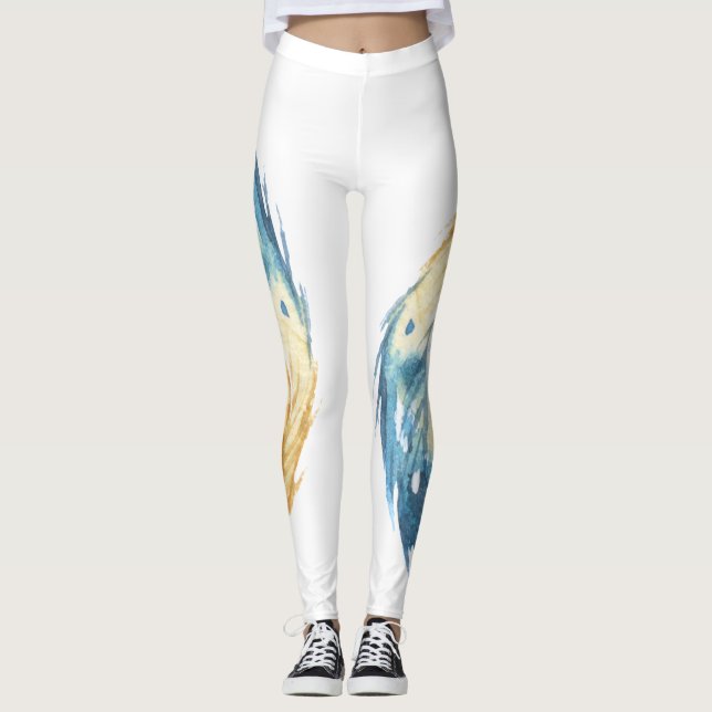 Penas Azuis Elegantes em Leggings Brancas (Frente)