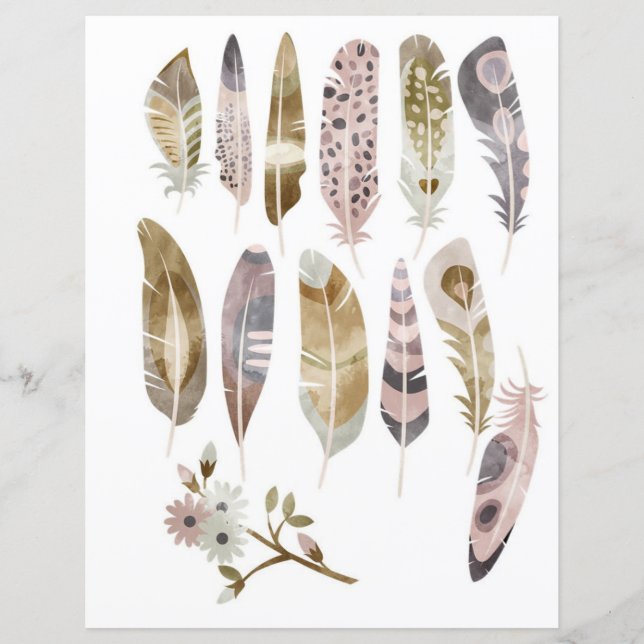 Penas boho em aquarela para recortar e colar (Frente)