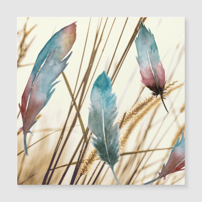 Penas com aquarelas sobre fundo de erva seca (Frente)