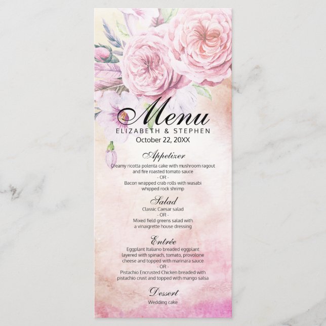 Penas com Flores de Aquarela Elegante No Menu Casa (Frente)