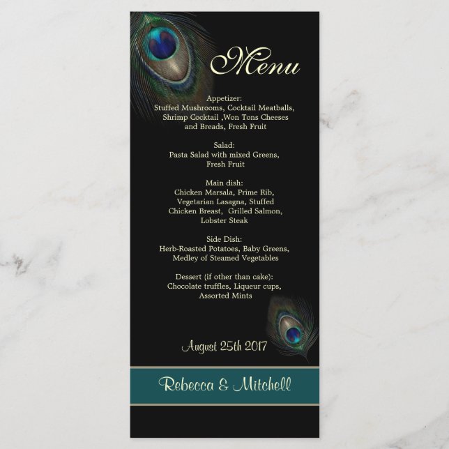 Penas de pavão azul verde no menu preto (Frente)