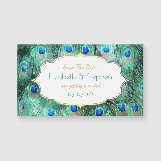 Penas de Peacock Exóticas com Frame Salvar a Data (Frente)