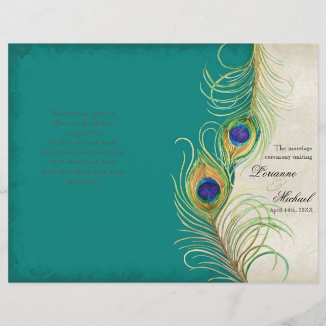 Penas de Peacock - Teal, Wedding Program (Frente)
