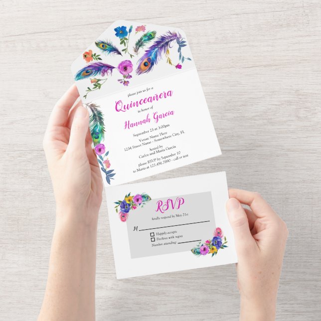 Penas e Flores de Peacock Orçamento de Quinceañera (Aba destacável)
