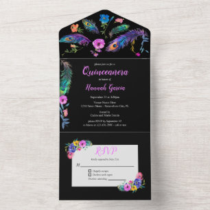 Penas e flores de peacock Quinceañera Black
