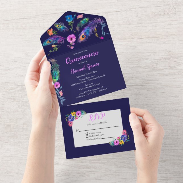 Penas e flores de peacock Quinceañera Dark Purple (Aba destacável)