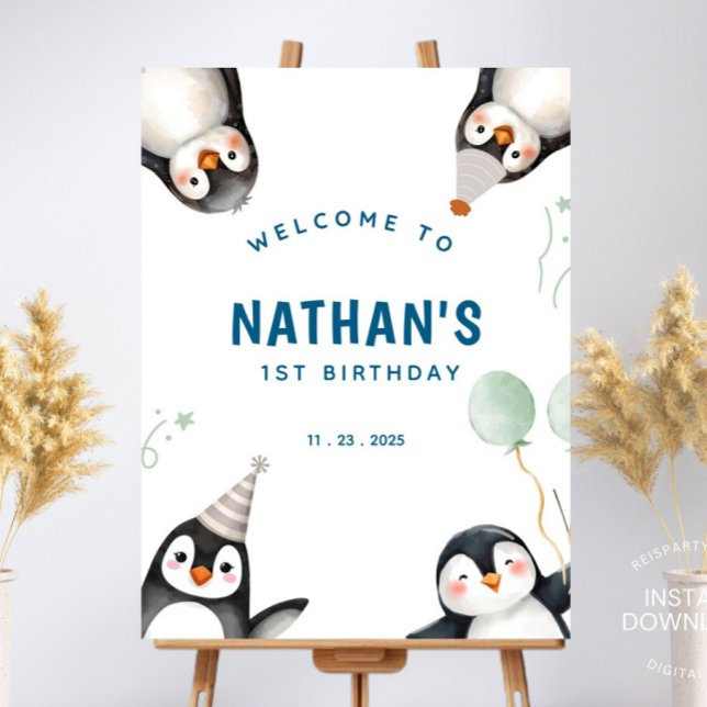 Penguin Birthday - Sinal de Boas-vindas Poster (Penguin Birthday party, Penguin Theme, Winter Wonderland, Winter Birthday, Welcome sign, Welcome Pos)