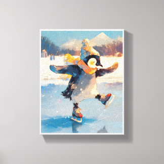 Penguin Ice Skating Winter Nursery Wall Art Canvas