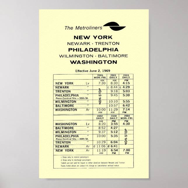 Penn Central Railroad Metroliner Timetable Poster (Frente)
