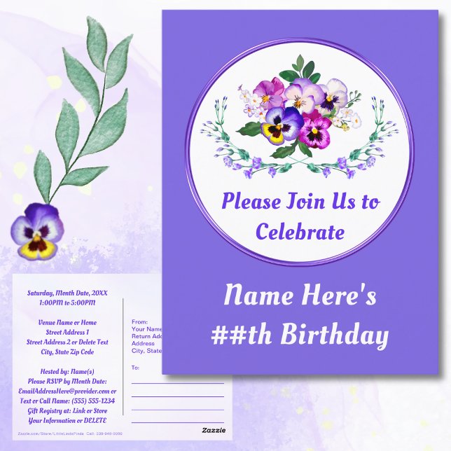 Penseiras Personalizadas, Convites de Postais de A (Birthday Save the Date Postcards. Cheap Save the Dates. Purple, Lavender Birthday. Pansy Birthday.)