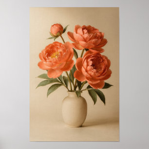 Peônias Corais em Vaso de Marfim Poster Floral