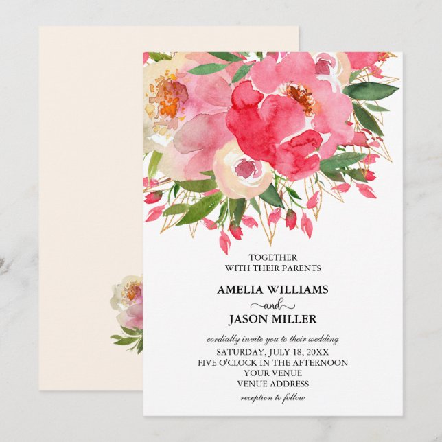 Peônias de aquarela Convites para Casamento Floral (Frente/Verso)