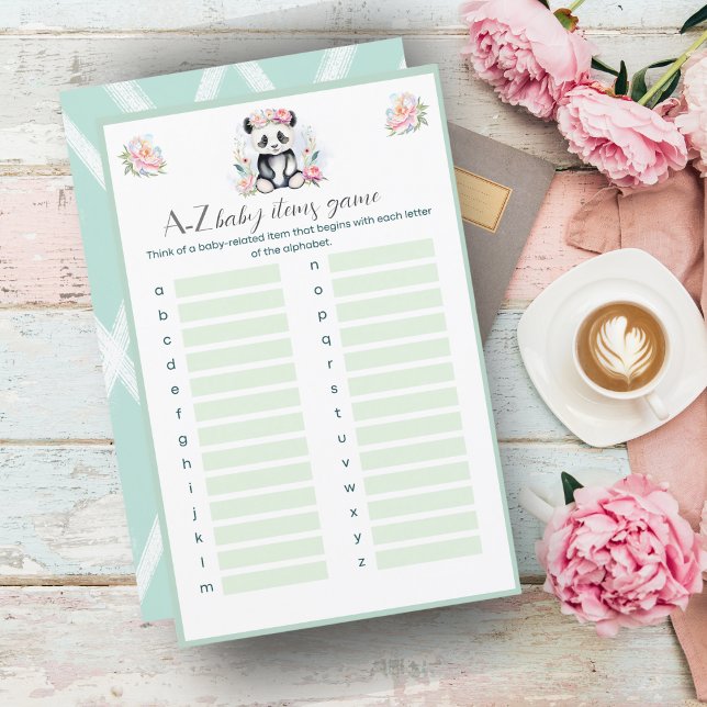 Peônias de Panda Bebê Selva Bebê A-Z Itens de Bebê (Baby Panda Peonies Jungle Baby A-Z Baby Items is a great baby shower game for your guest! )