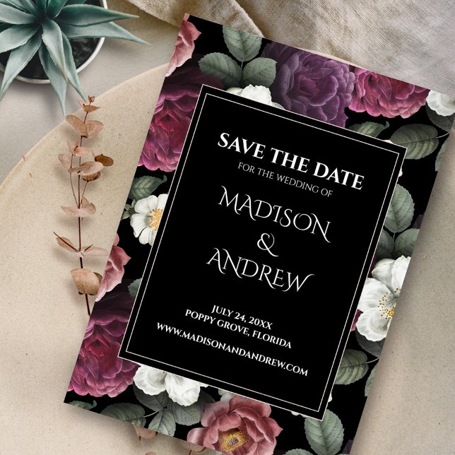 Peônias Pretas e Burgundy Modernas Salva o Dia (Modern Black and Burgundy Peonies Save the Date on neutral plate)