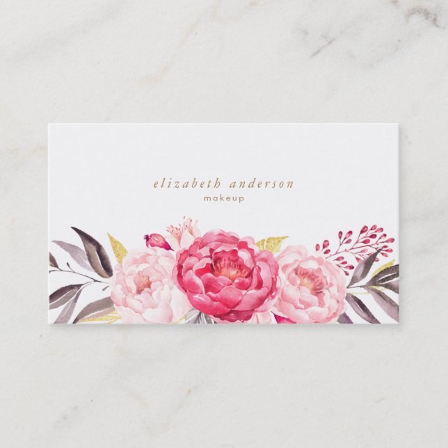 Pêonias Rosa Flores Aquarela Cartão de visita (Frente)