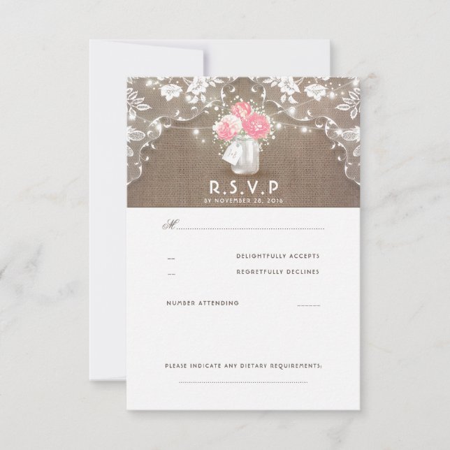 Peonies Mason Jar Rustic Weds Cartões RSVP (Frente)