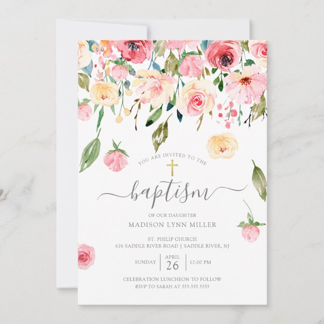 Peonies Rosa Floral Baptism Convite (Frente)