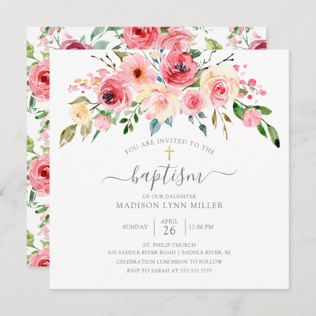 Peonies Springtime Rosa Floral Baptism Convite (Frente/Verso)