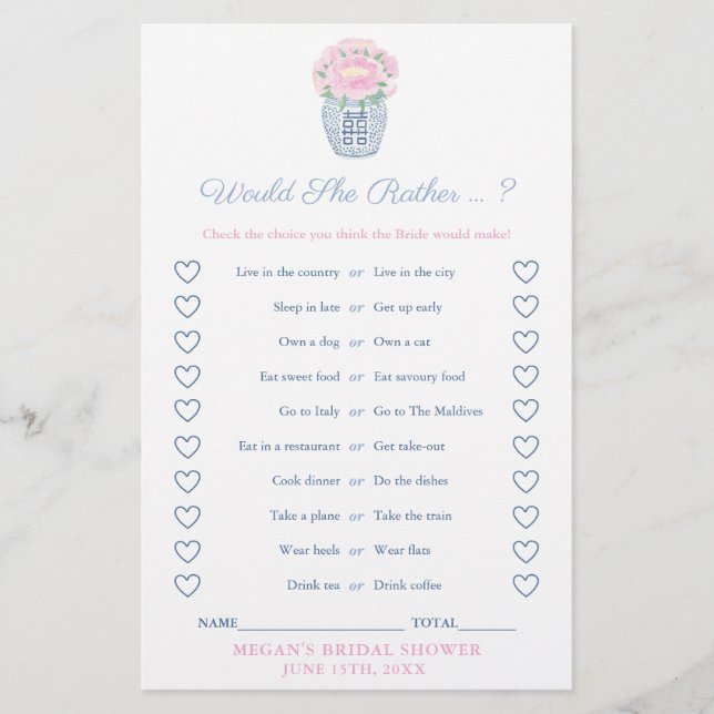 Peonies Would She Rather Bridal Shower Game Card (Frente)