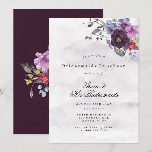 Peony Chic Violet Bridesmaids Luncheon Invite (Frente/Verso)