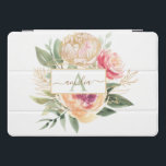 Peony e Flores Douradas Nome do Monograma<br><div class="desc">Projetada para coordenar com a nossa coleção Peony e Dourada, esta capa de ipad monográfica personalizável que combina monogramas apresenta flores rosas e douradas e folhagem verde com caracteres clássicos. Para personalização mais avançada deste design, clique no botão "PERSONALIZAR" acima. Por favor note que a folha de ouro é um...</div>