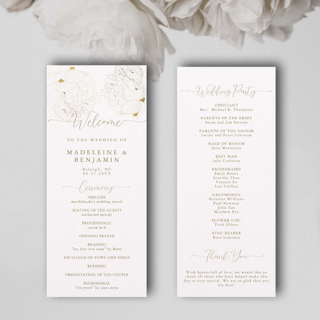 Peony Floral Dourado Lace Elegant Wedment Program (peony wedding ceremony program white and gold elegant modern classic romantic calligraphy feminine)