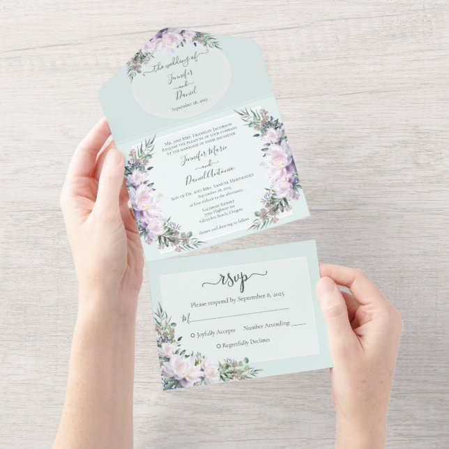 Peony Garden Mint Green - Tudo em um Convite de ca (Aba destacável)