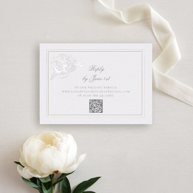 Peony Modern Formal Elegante QR Resposta Nupcial (peony wedding rsvp reply QR formal modern classic traditional calligraphy double frame faux embossed)