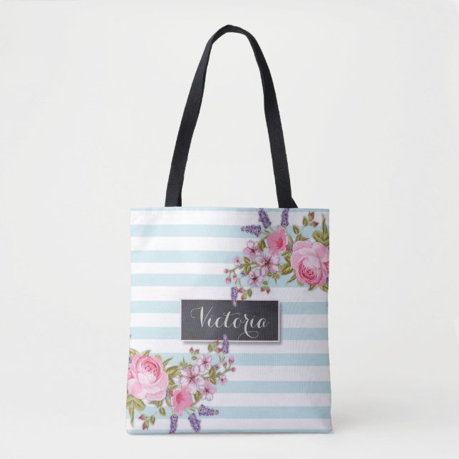 Peony Watercolor Bolsa Floral Personalizado (azul) (Frente)