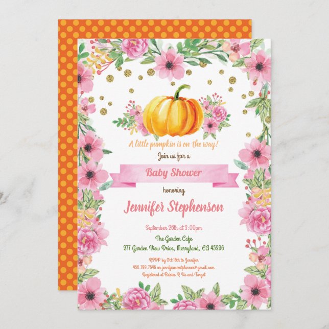 Pequena abóbora bebê chá convite floral (Frente/Verso)