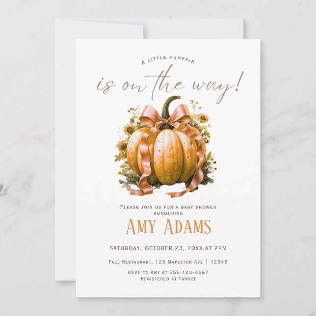 Pequena Abóbora com Convite para Bebê de Fita (Frente)