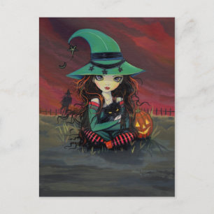 Pequena Bruxa e Gato Preto Cartão Postal de Hallow