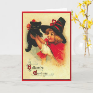 Pequena Bruxa e Gato Preto Cartão Vintage de Hallo