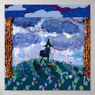 Pequena bruxa e poster de chuva