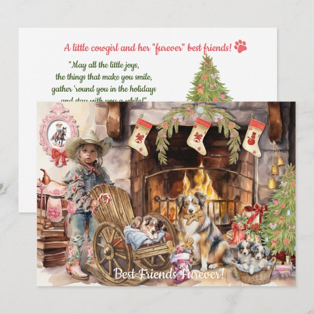 Pequena Cowgirl com seu Cartão de Férias do Servid (Frente/Verso)