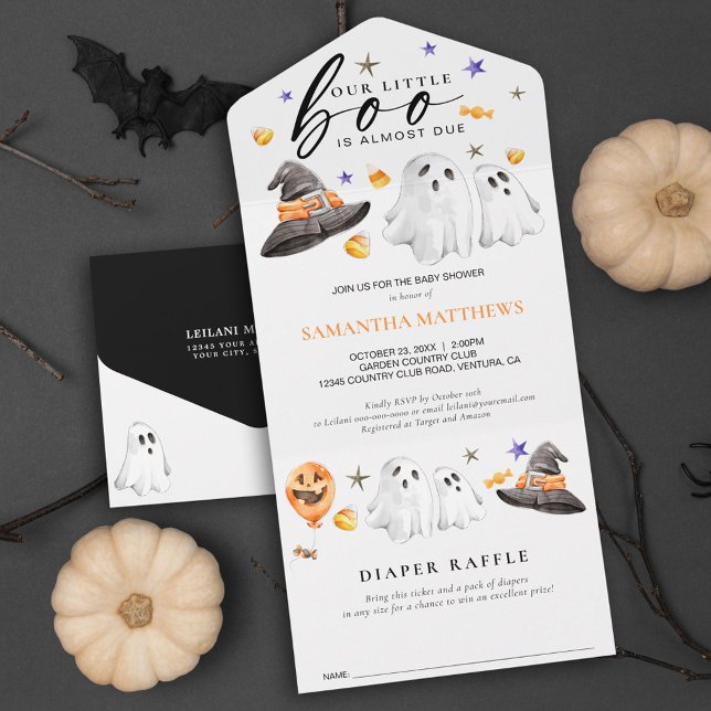 Pequena Fralda do Boo Halloween Raffle (Little boo is almost due diaper raffle all in one Halloween invitation featuring watercolor ghosts.)