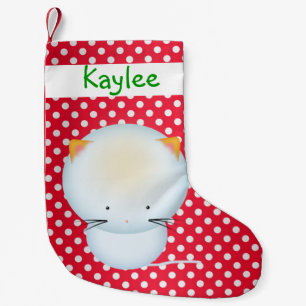 Pequena Gatinho Branco Fofo em Meia de Natal com Bolinhas