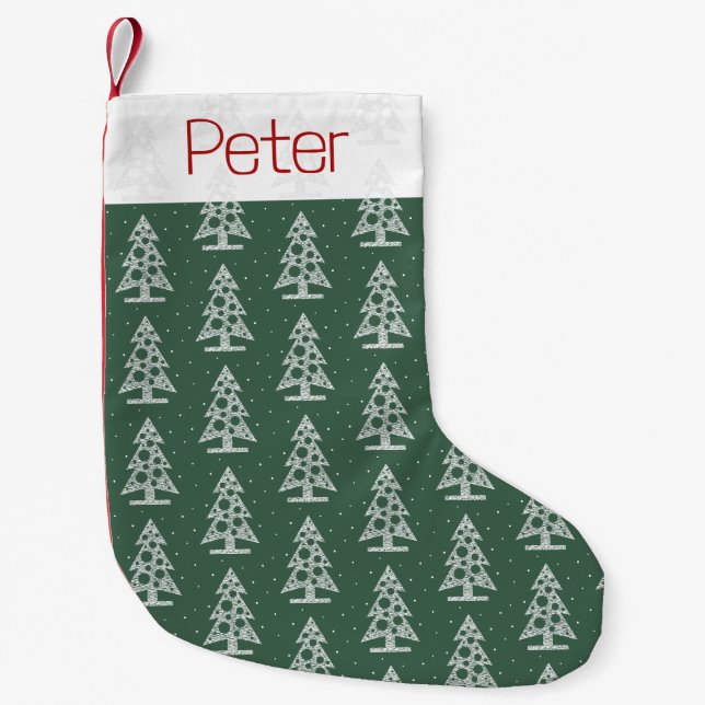 Pequena Meia de Natal com Padrão de Árvore Personalizado (Frente)