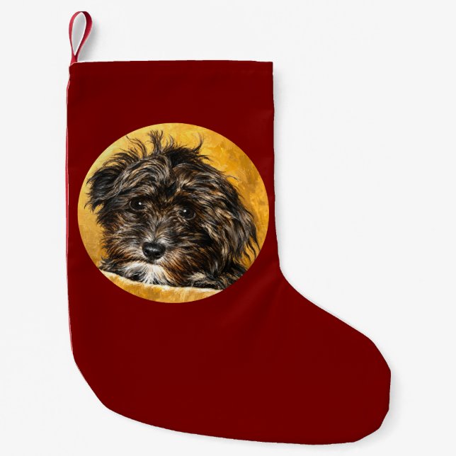 Pequena Meia de Natal Marrom com Cachorro Schnoodle (Frente)