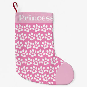 Pequena Meia de Natal rosa com impressão de pata de cachor
