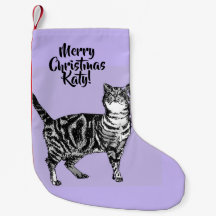 Meia de Natal Roxa Lavanda com Gato Tabby Feliz Na