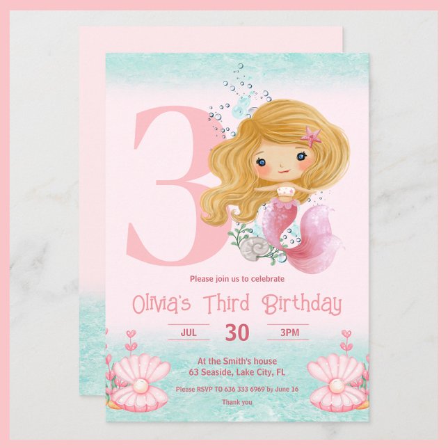 Pequena Sereia, Convite Rosa de Aniversário (Birthday invitation with a cute mermaid with blond hair for little girls)