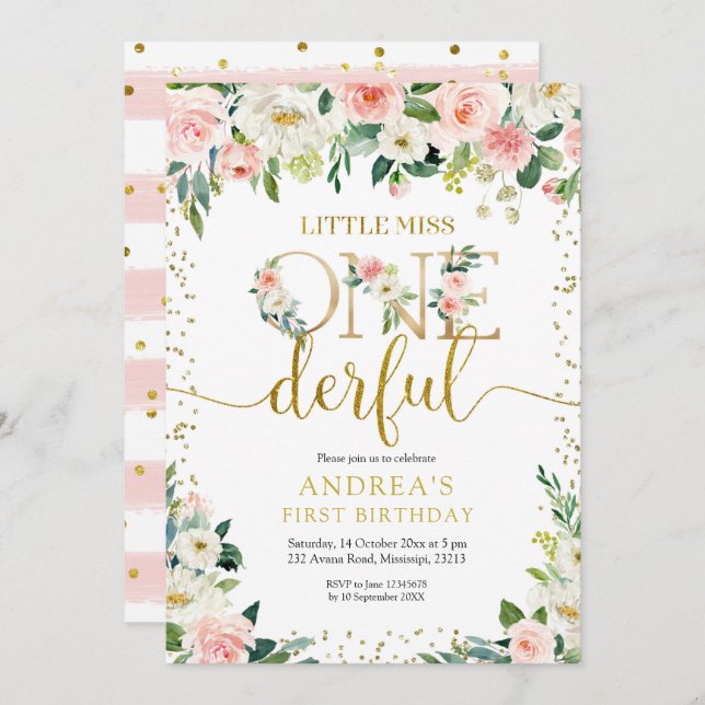Pequena Srta. Oneagrada, Rosa, Convite Floral (Frente/Verso)