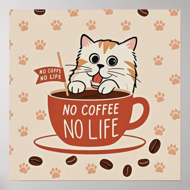 Pequenas pegadas de gato e grãos de café Poster (Frente)