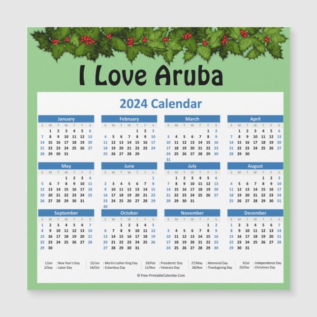 Pequeno Aruba 2024 Calendário Magnético Anual (Frente)