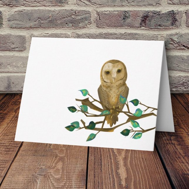 Pequeno Cartão de Coruja, Ramificação de Árvore Ve (Blank note card with beige barn owl perched on leafy green branch)